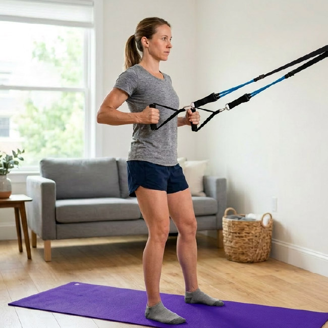 Person using exercise handles for a home strength workout
