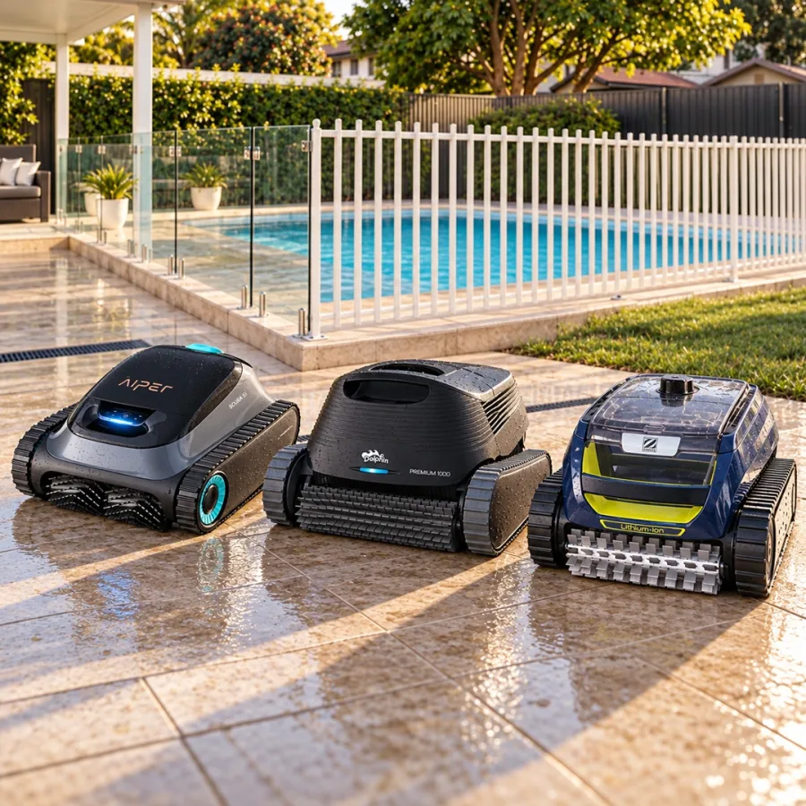 Dolphin, Zodiac, and Aiper robotic pool cleaners compared beside a backyard pool