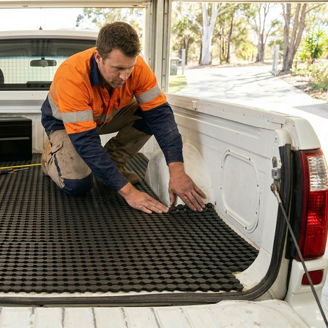 Rubber matting installed in a ute tray to protect tools and equipment