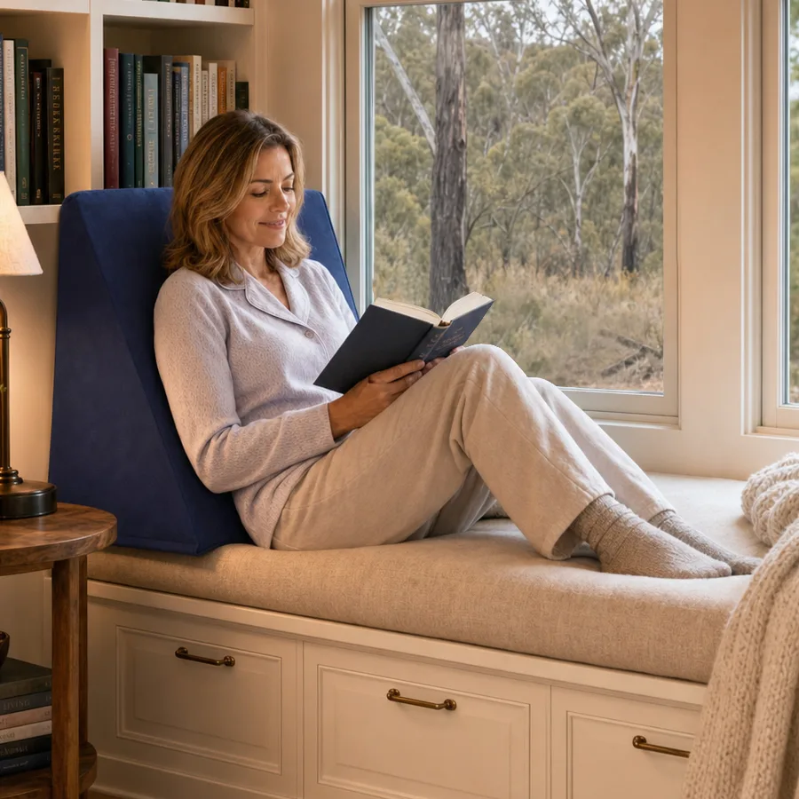 Person comfortably reading by the window supported with a foam backrest setup.
