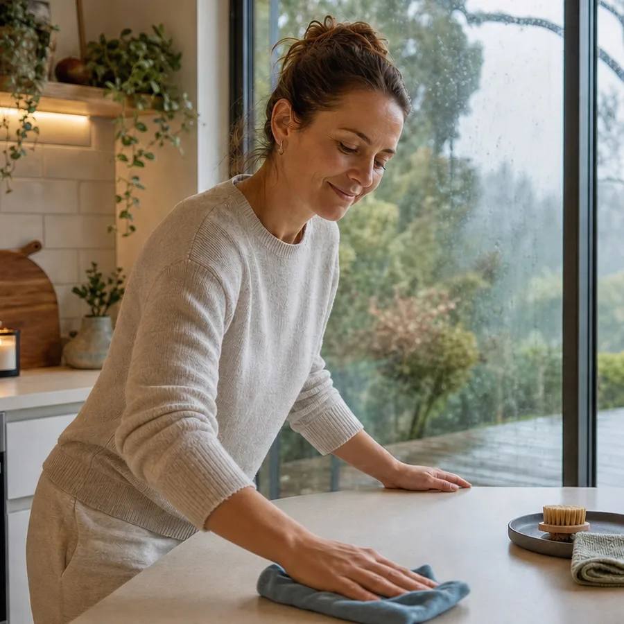 Holiday homeowner cleaning kitchen surfaces during winter. Person deep cleaning a holiday home kitchen during the quieter winter season