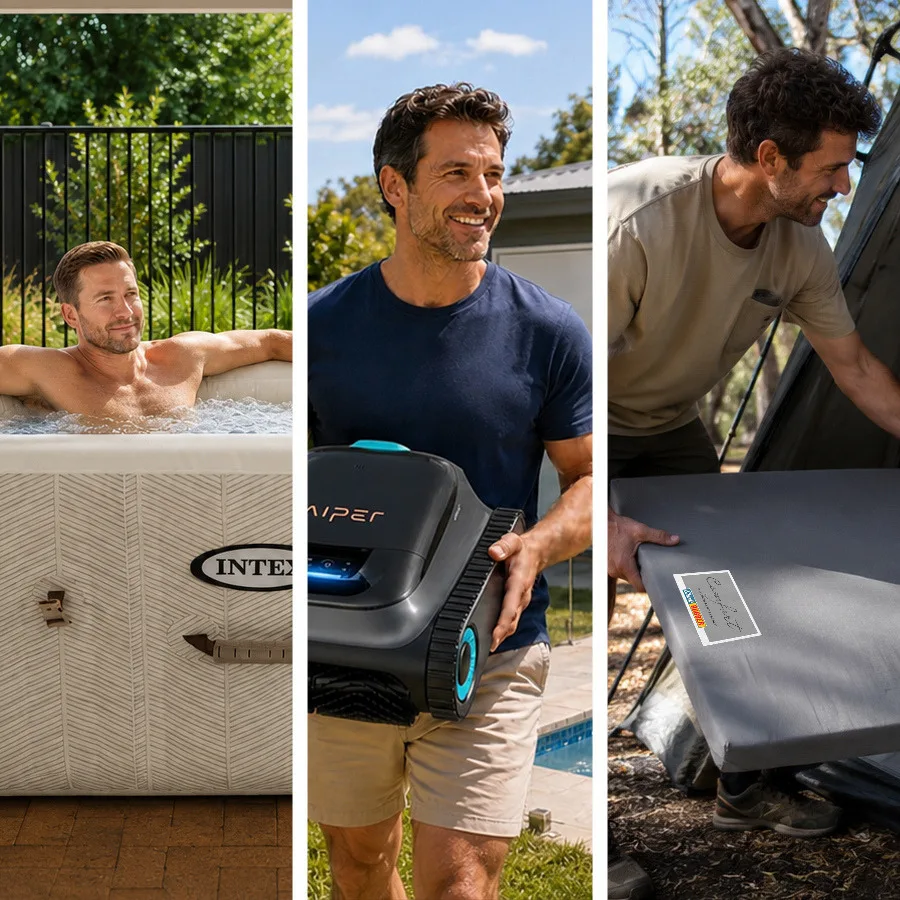 3 photos of 3 types of dads. One is relaxing in an inflatable spa, one is holding a robotic pool cleaner, the other one is with a camping mattress. 