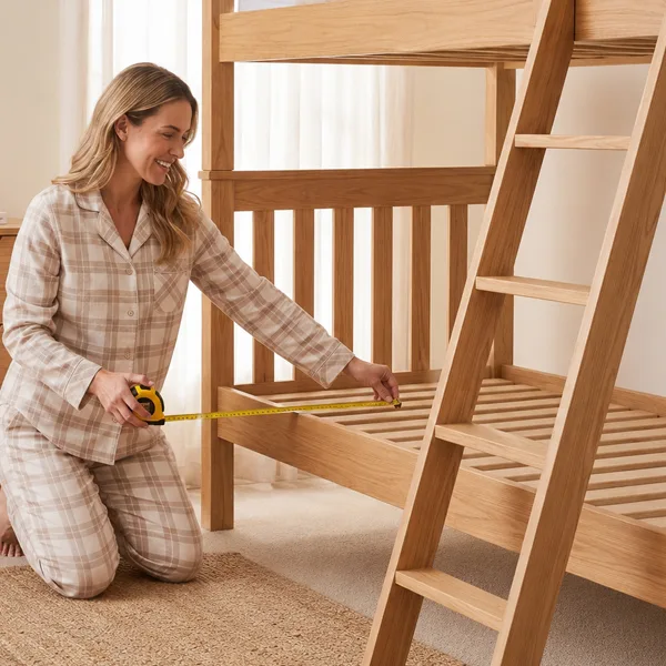 Person measuring the inside of a bunk bed frame before choosing a replacement mattress.
