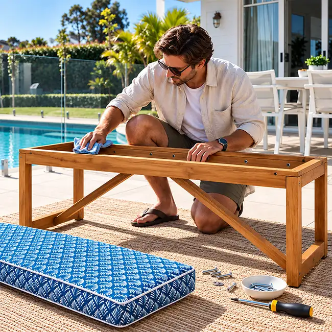 Person cleaning and preparing a wooden outdoor bench seat frame