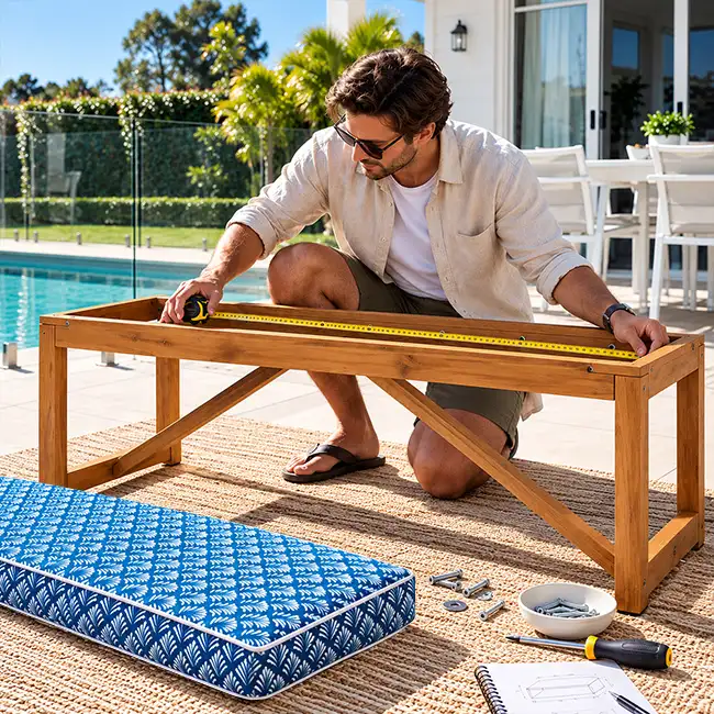 Person measuring an outdoor bench seat for a custom cushion
