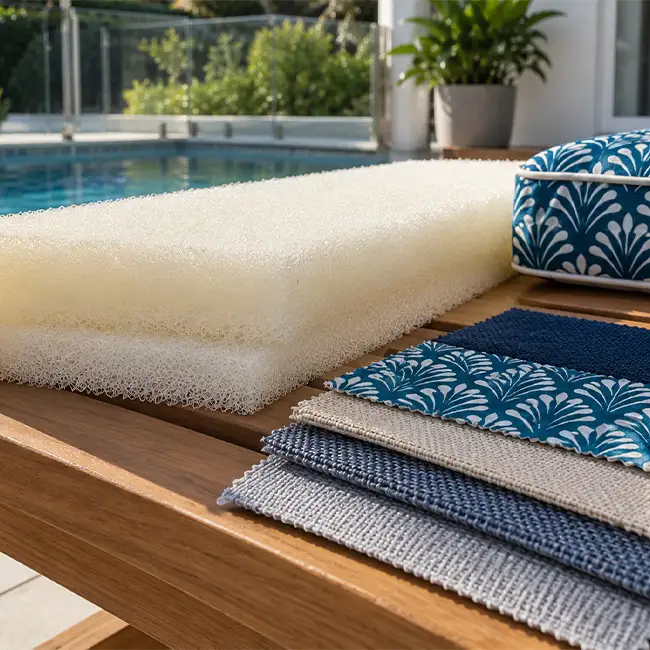 Foam and fabric for an outdoor bench seat cushion