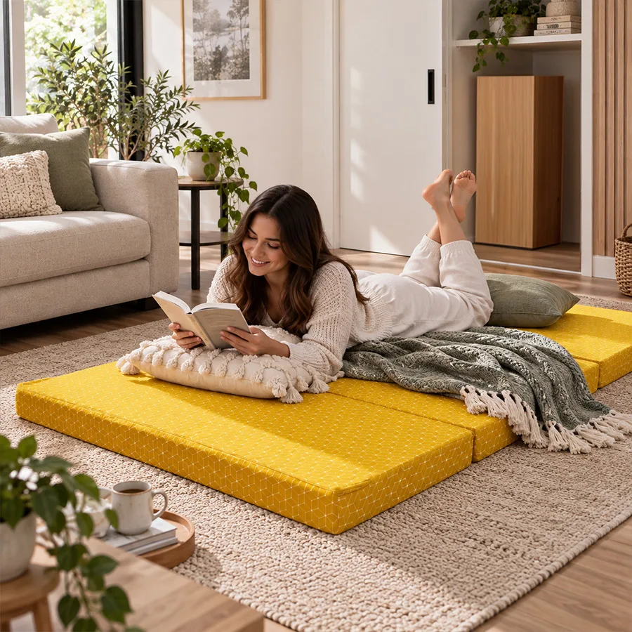 Foldable mattress set up in modern Australian home for guest sleeping and flexible everyday use