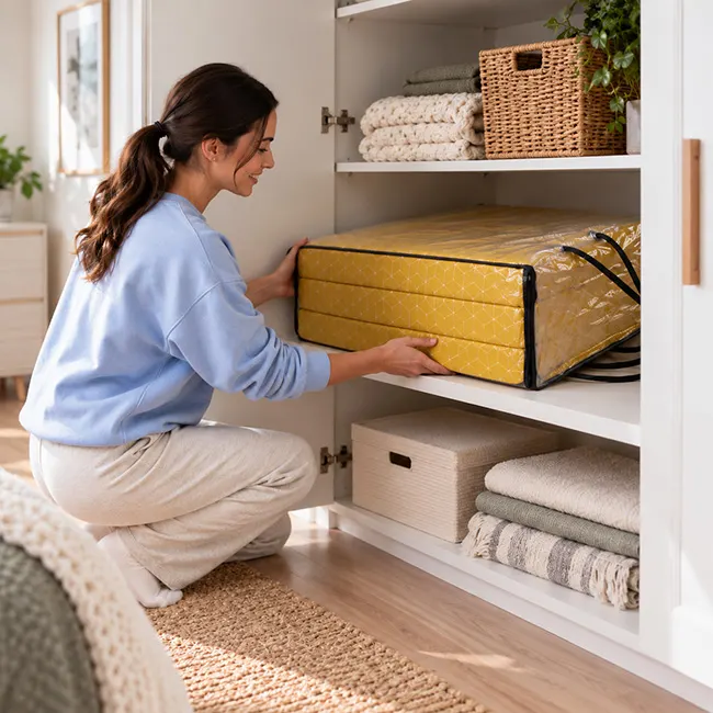 Foldable mattress neatly stored in compact Australian home storage space
