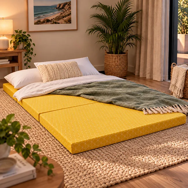 Double foldable mattress prepared for overnight guests in living room