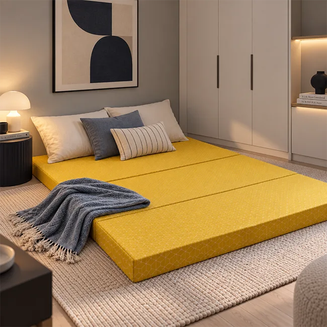 Queen foldable mattress arranged for guest sleeping in modern home interior
