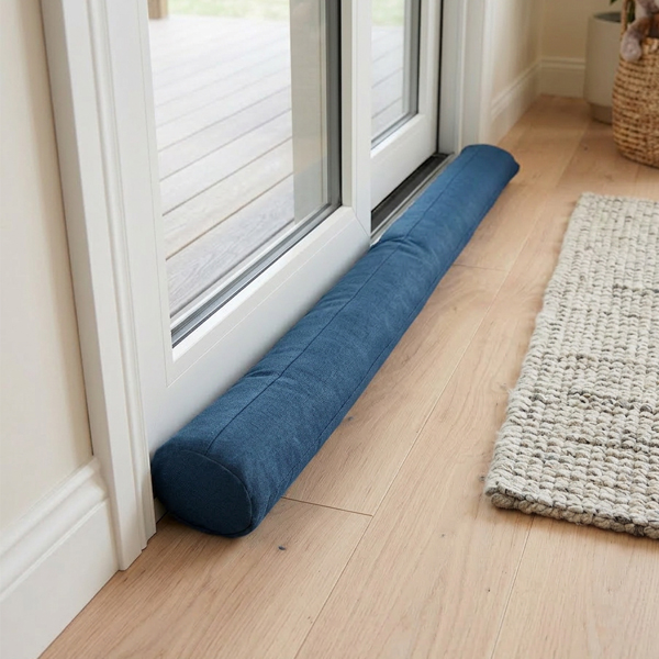  Fabric door snake filled with foam positioned along the bottom of a front door.