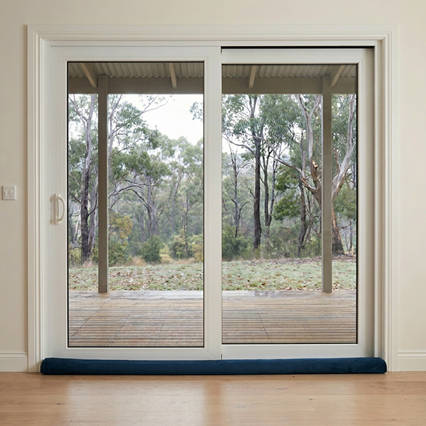 Door with rubber seals and a dark blue door snake.