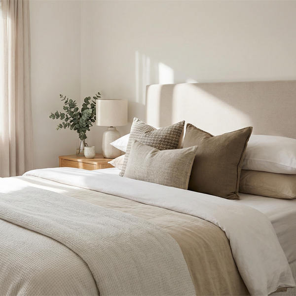 Comfortable guest sleeping area styled with bedding and cushions