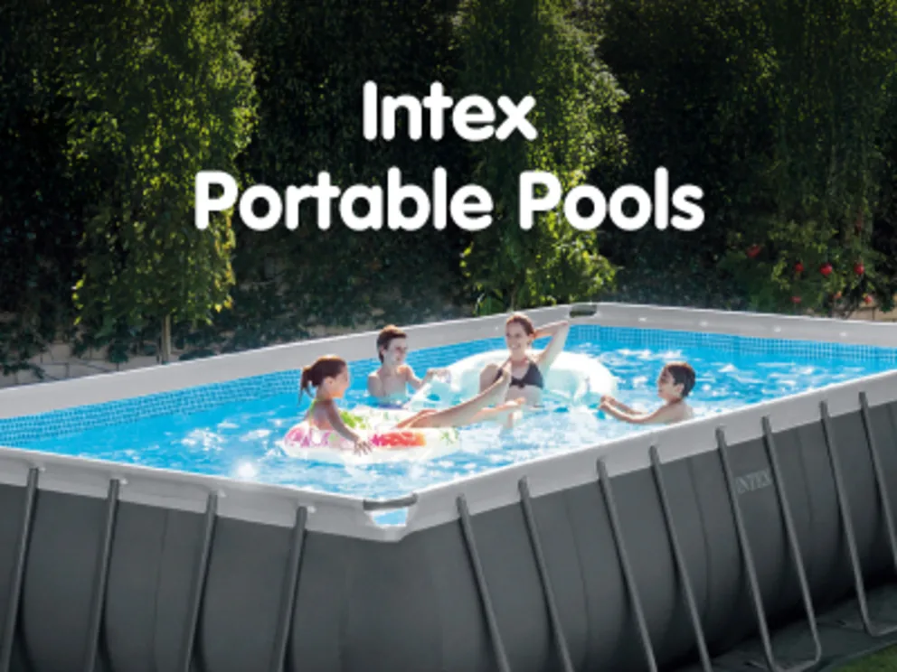 Portable swimming pools for backyard fun with families relaxing in above-ground pools