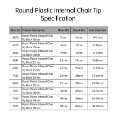 Round Plastic Internal Chair Tip - Black Suits Hole Size 28-30mm