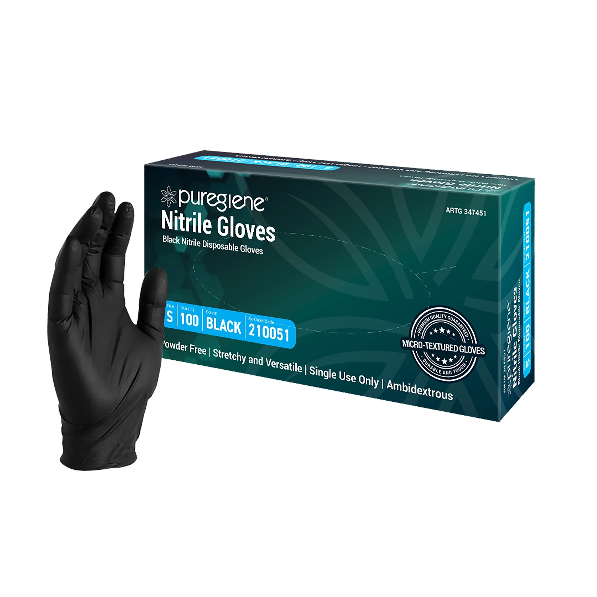 Puregiene Black Nitrile Powder Free Gloves 100pk Small