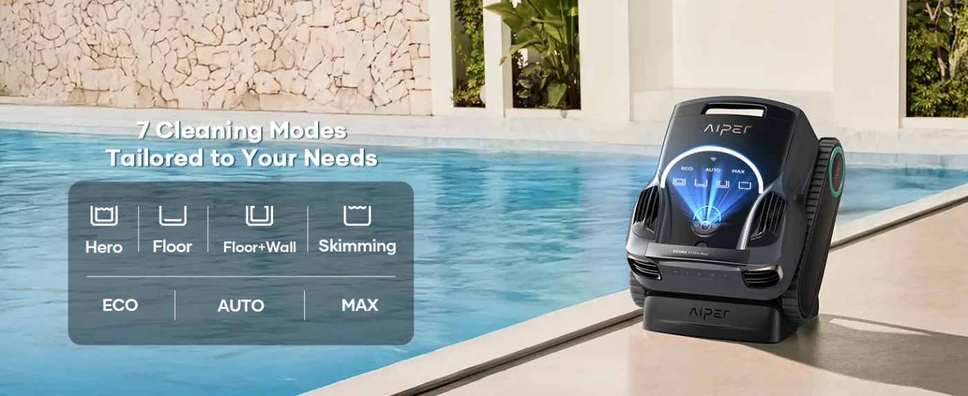 Aiper cordless pool vacuum by poolside showing 7 cleaning modes: Hero, Floor, Floor+Wall, Skimming, Eco, Auto, Max.
