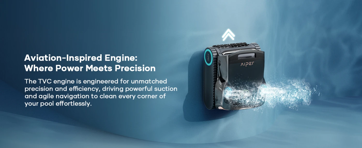Aiper pool robot climbing wall with powerful suction, aviation‑inspired engine spraying water in a blue underwater scene