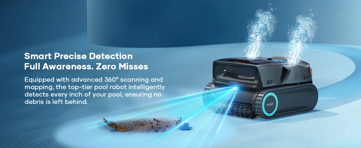 Aiper pool cleaning robot scanning debris with advanced 360° detection, spraying water jets, on a blue pool surface