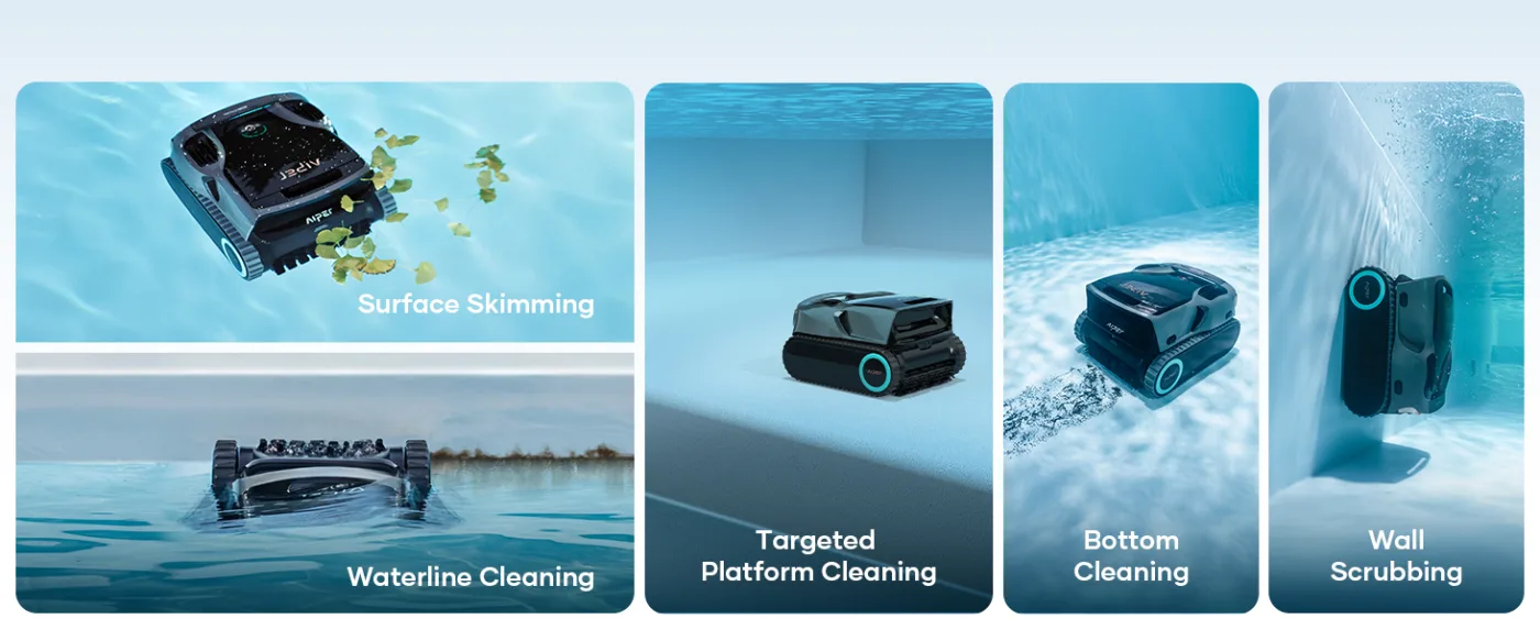 Pool cleaning robot performing surface skimming, waterline cleaning, platform cleaning, bottom cleaning, and wall scrubbing.